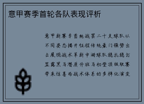 意甲赛季首轮各队表现评析