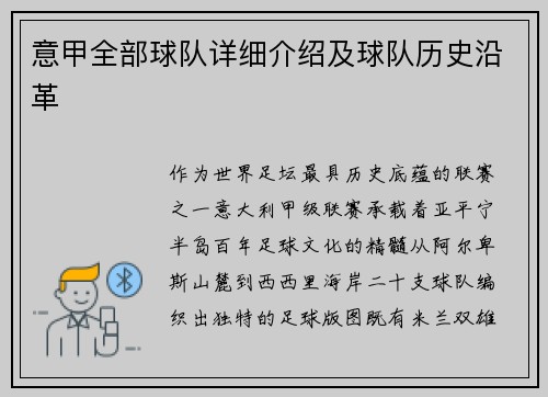 意甲全部球队详细介绍及球队历史沿革