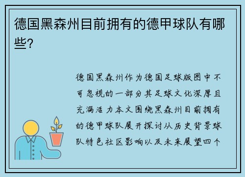 德国黑森州目前拥有的德甲球队有哪些？
